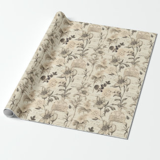 vintage botanical illustrations and typewritten wrapping paper
