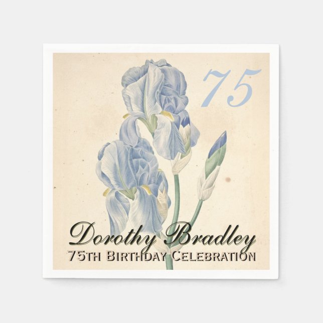 Vintage Botanical Irises 75th Birthday Party PN Napkin (Front)