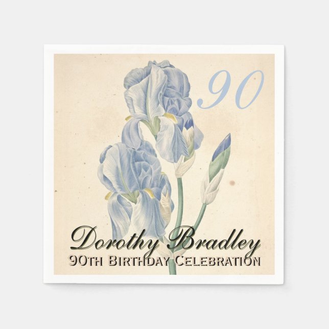 Vintage Botanical Irises 90th Birthday Party PN Napkin (Front)