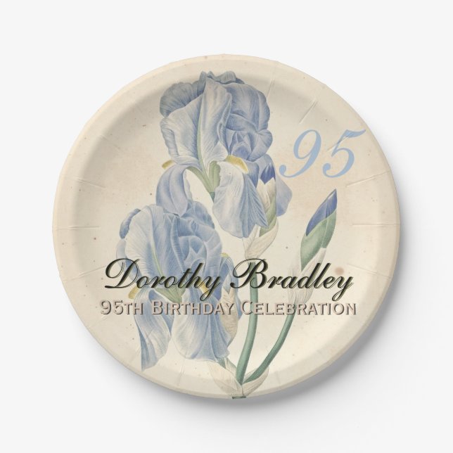 Vintage Botanical Irises 95th Birthday Party PP Paper Plate (Front)