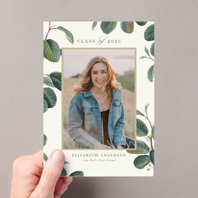 Vintage Botanical Leaves Beige Photo Graduation Acrylic Invitations (Insitu (Handheld))