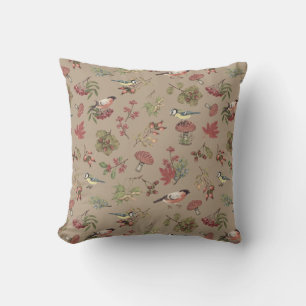 Vintage Botanical Leaves Berries Plants and Birds Cushion