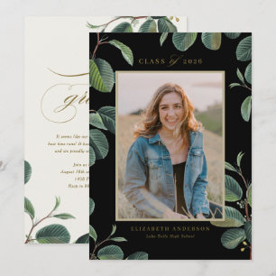 Vintage Botanical Leaves Black Photo Graduation Invitation