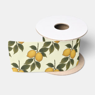 Vintage Botanical Lemon & Green Leaves  Satin Ribbon