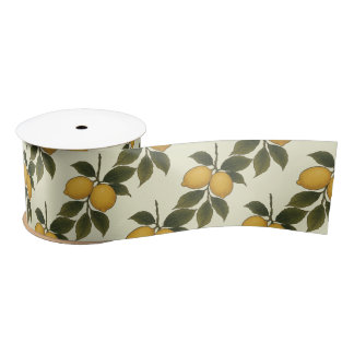 Vintage Botanical Lemon & Green Leaves  Satin Ribbon