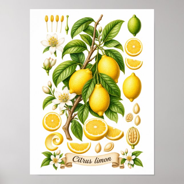 Vintage Botanical Lemon Illustration Poster (Front)