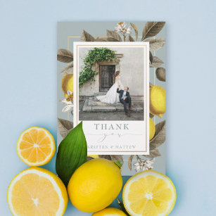Vintage Botanical Lemon Wedding Dusty Blue Photo Thank You Card