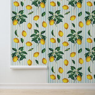 Vintage Botanical Lemons Blue Stripes Wallpaper