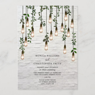 Vintage Botanical Lightbulbs White Brick Wedding Invitation