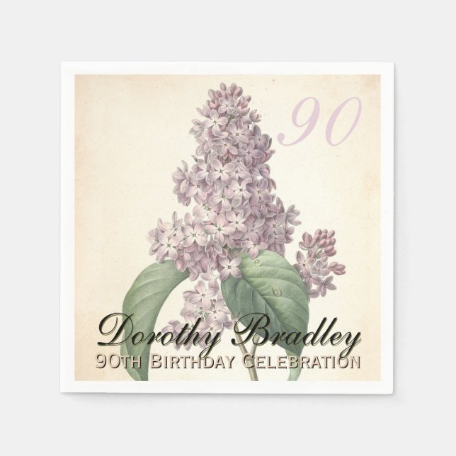 Vintage Botanical Lilac 90th Birthday Party PN Napkin (Front)
