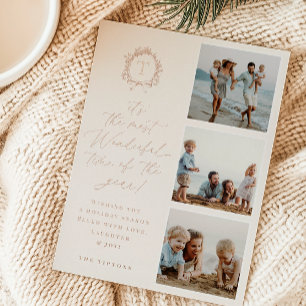 Vintage Botanical Monogram 3 Photo Foil Holiday Card