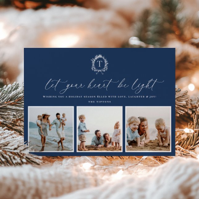 Vintage Botanical Monogram 3 Photo Holiday Card (Creator Uploaded)