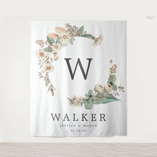 Vintage Botanical Monogram Backdrop Photo Booth Tapestry (Front)