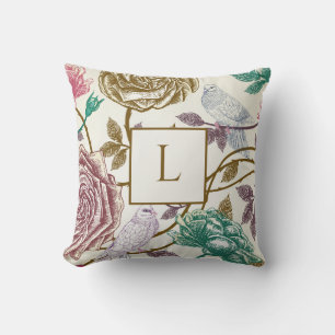 Vintage Botanical Monogram Throw Pillow