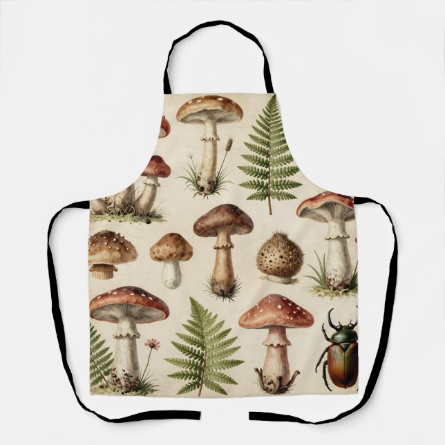 Vintage Botanical Mushroom Fern Collage Apron (Front)