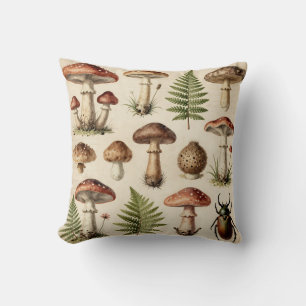 Vintage Botanical Mushroom Fern Collage Cushion