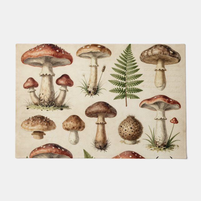 Vintage Botanical Mushroom Fern Collage Doormat (Front)