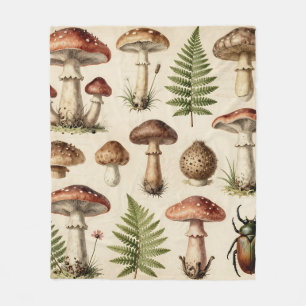 Vintage Botanical Mushroom Fern Collage Fleece Blanket