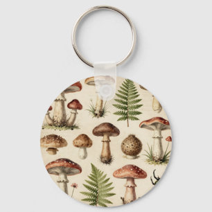 Vintage Botanical Mushroom Fern Collage Key Ring