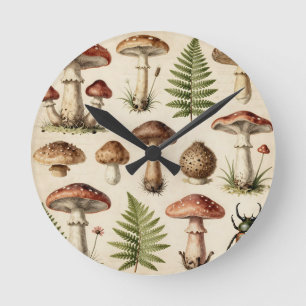 Vintage Botanical Mushroom Fern Collage Round Clock