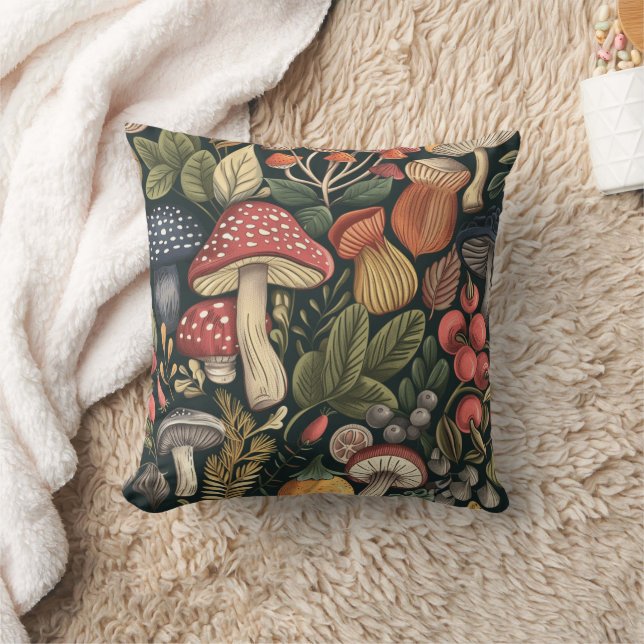 Vintage Botanical Mushroom Pattern Cushion (Blanket)