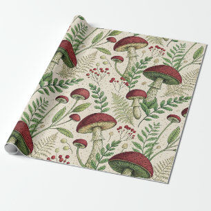 Vintage Botanical Mushrooms and Ferns Print Wrapping Paper