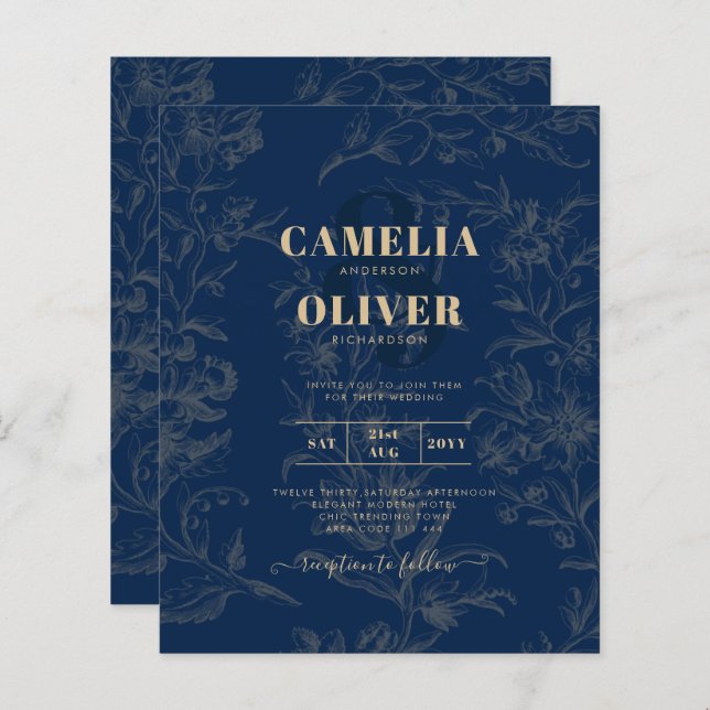 Vintage BOTANICAL Navy Blue Gold Wedding (Front/Back)