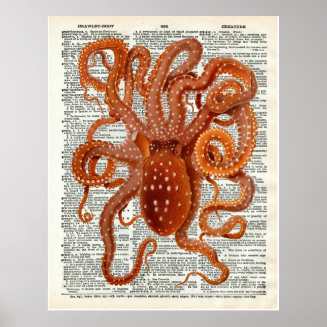 Vintage Botanical Octopus Art Dictionary Page Poster (Front)