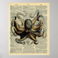 Vintage Botanical Octopus Art Dictionary Page