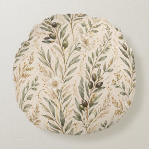 Vintage Botanical Olive Branches & Ivory Floral Round Cushion