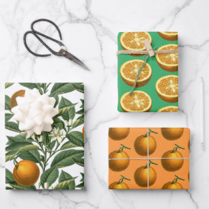 Vintage Botanical Orange Fruit Blossom Pattern Wrapping Paper Sheet