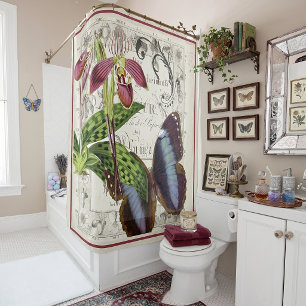 Vintage Botanical orchid and butterfly Shower Curtain