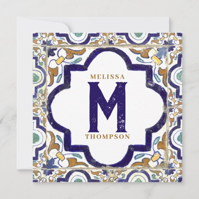 Vintage Botanical Ornamental Tiles Monogram Card (Back)