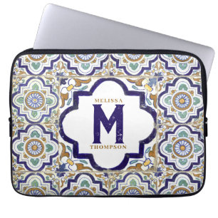 Vintage Botanical Ornamental Tiles Monogram Laptop Sleeve