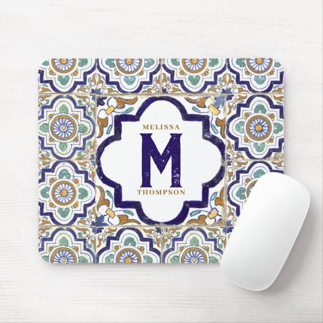 Vintage Botanical Ornamental Tiles Monogram Mouse Mat (With Mouse)