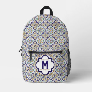 Vintage Botanical Ornamental Tiles Monogram Printed Backpack
