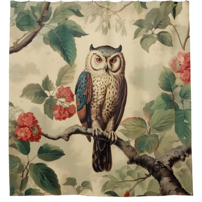 Vintage Botanical Owl in Forest Shower Curtain (Front)