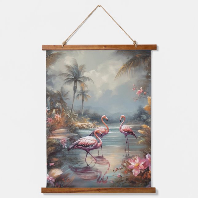 Vintage botanical painting flamingos and Flowers Hanging Tapestry (Front)
