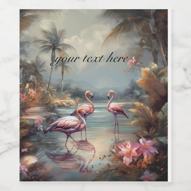 vintage botanical painting flamingos customisable wine label (Single Label)