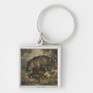 Vintage botanical painting of a hippo and flowers key ring