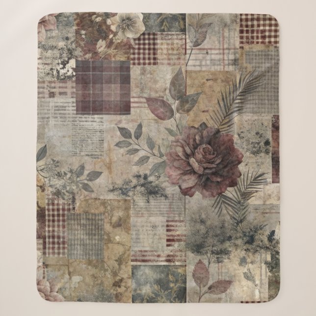 Vintage Botanical Patchwork Rustic (2) Sherpa Blanket (Front)