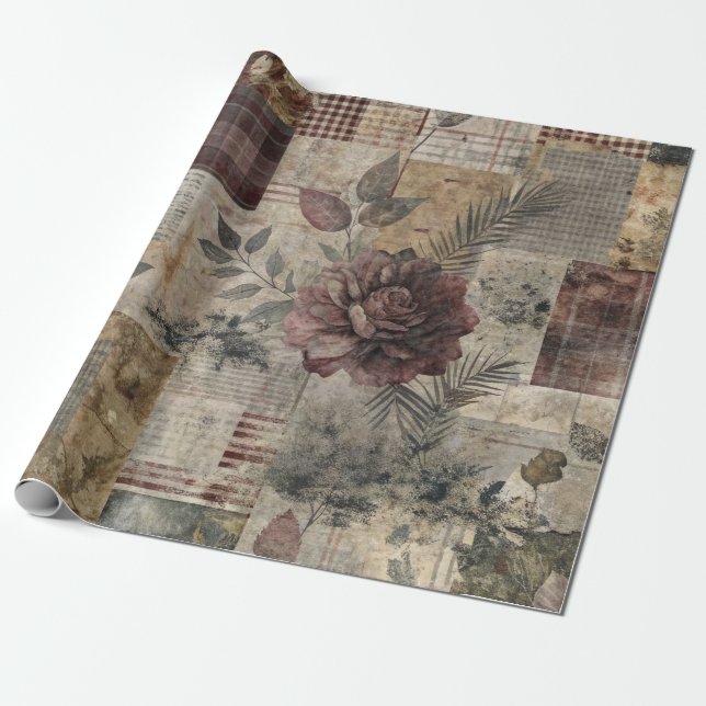 Vintage Botanical Patchwork Rustic (2) Wrapping Paper (Unrolled)