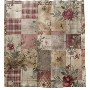 Vintage Botanical Patchwork Rustic Shower Curtain