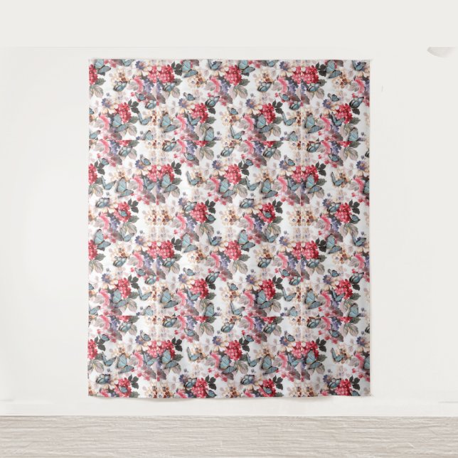 Vintage botanical pattern flowers and butterfly tapestry (Front)