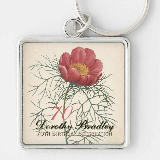 Vintage Botanical Peony 70th Birthday MSqK Key Ring (Front)