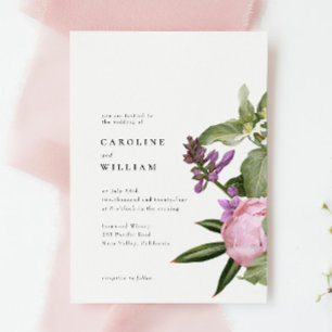 Vintage Botanical Peony Pink Green Floral Wedding Invitation