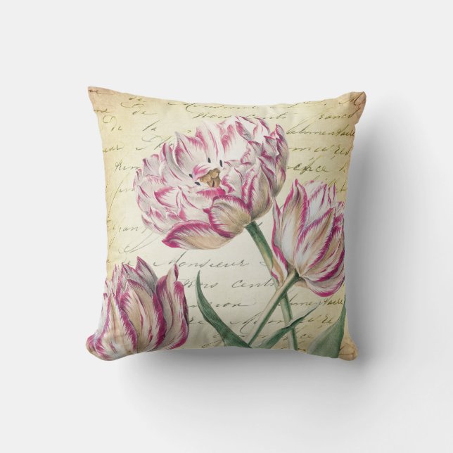 Vintage Botanical Pink and White Tulips Cushion (Front)