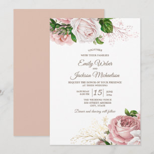 Vintage Botanical Pink Floral Roses White Wedding Invitation