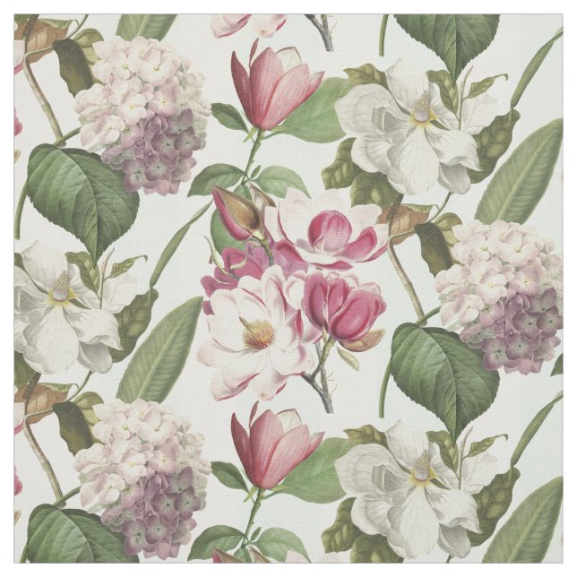 Vintage Botanical Pink Magnolias and Hydrangeas Fabric (Swatch)
