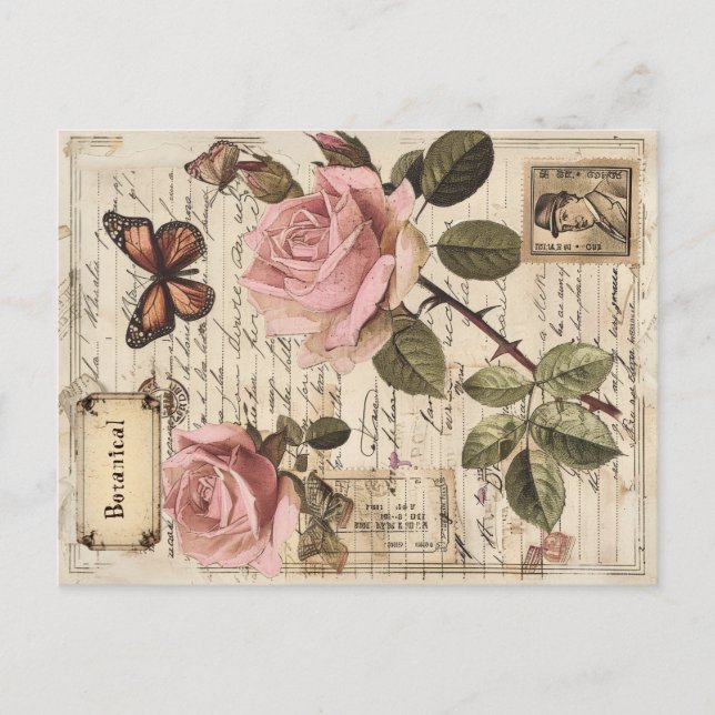 Vintage Botanical Pink Roses & Butterfly Ephemera Holiday Postcard (Front)